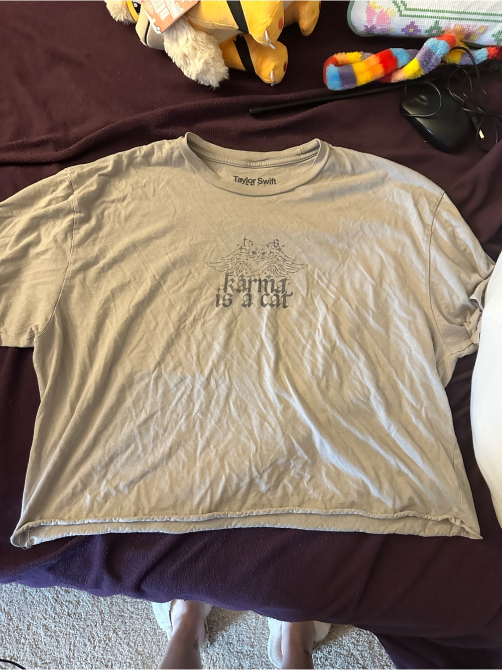 Taylor Swift Beige Graphic Sleep Tee - "Karma Is A Cat"